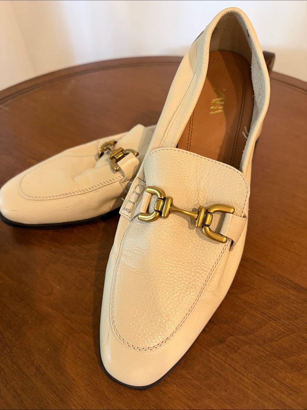 Zara Cream Leather Horsebit Loafers